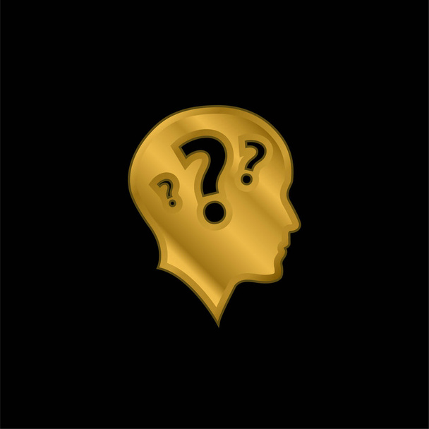 Лиса голова вид збоку з трьома знаками питання золотистий металевий значок або логотип вектор
 - Вектор, зображення
