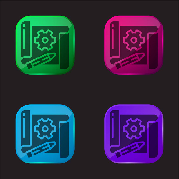Blueprint four color glass button icon - Vector, Image