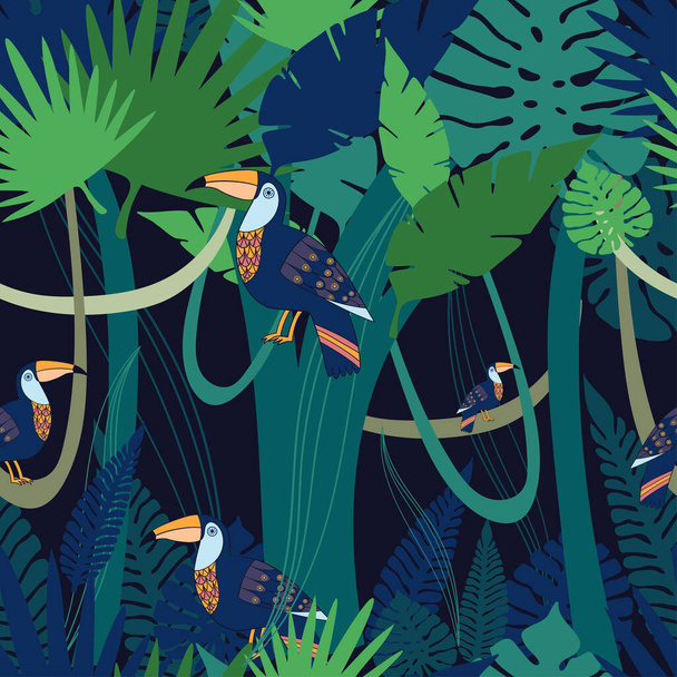 Seamless vector botanical pattern colourful abstract design of night tropical forest with toucans - Vector, Image