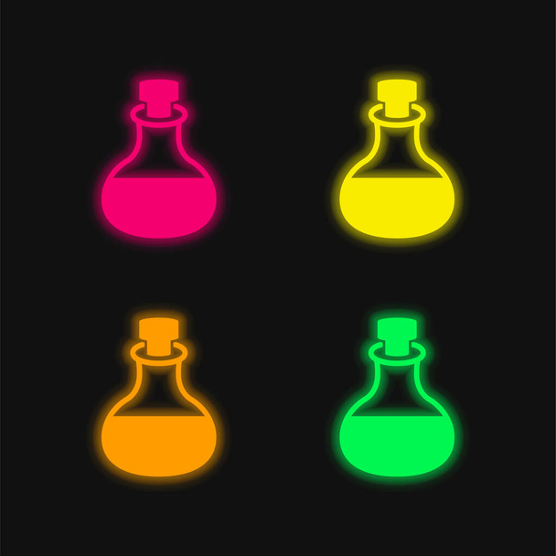 Üvegpalack üveg masszázsolaj aromaterápia Spa négy színű izzó neon vektor ikon - Vektor, kép