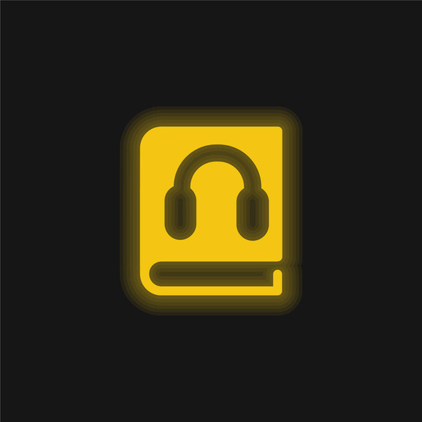 ヘッドフォン付きの本シンボル黄色の輝くネオンアイコン - ベクター画像