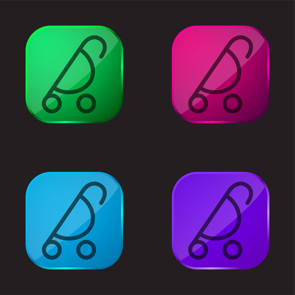 Baby Stroller Of Rounded Design Side Προβολή τεσσάρων χρωμάτων γυαλί εικονίδιο κουμπί - Διάνυσμα, εικόνα