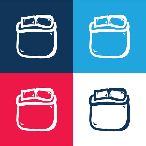 Cama de tamaño doble mano Dibujar azul y rojo de cuatro colores mínimo icono conjunto - Vector, imagen