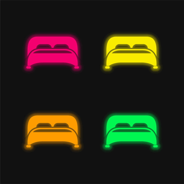 Cama com dois travesseiros vista inferior ícone de vetor de néon brilhante de quatro cores - Vetor, Imagem