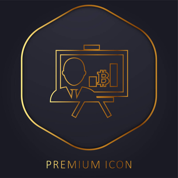 Παρουσίαση Bitcoin με γραφικά και reporter χρυσό λογότυπο γραμμή πριμοδότηση ή εικονίδιο - Διάνυσμα, εικόνα