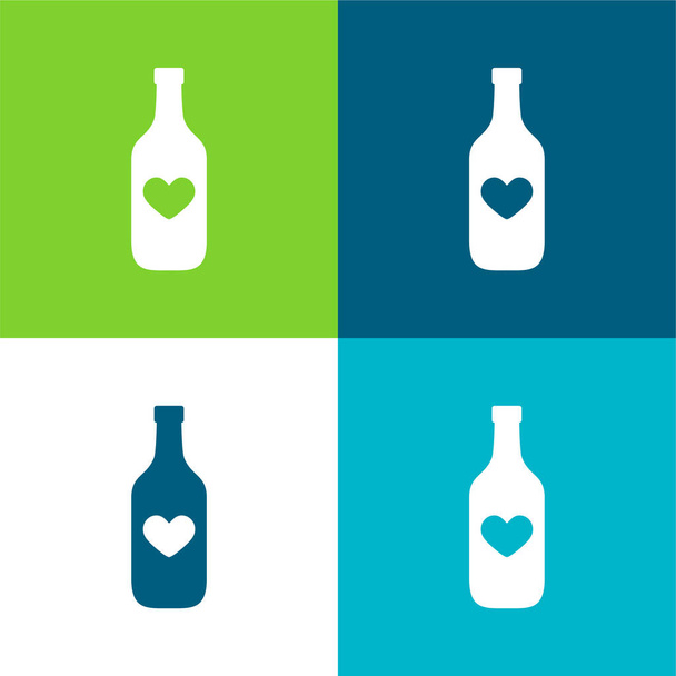 Μπουκάλι με μια καρδιά επίπεδη τέσσερις χρώμα ελάχιστο σύνολο εικονιδίων - Διάνυσμα, εικόνα