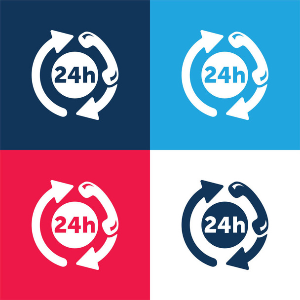 24 Horas Serviço de Assistência telefônica azul e vermelho conjunto de ícone mínimo de quatro cores - Vetor, Imagem
