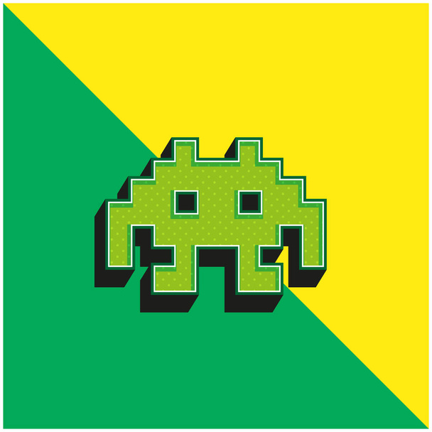 ゲーム緑と黄色の現代的な3Dベクトルアイコンのロゴのためのピクセルの外国人のスペースキャラクター - ベクター画像