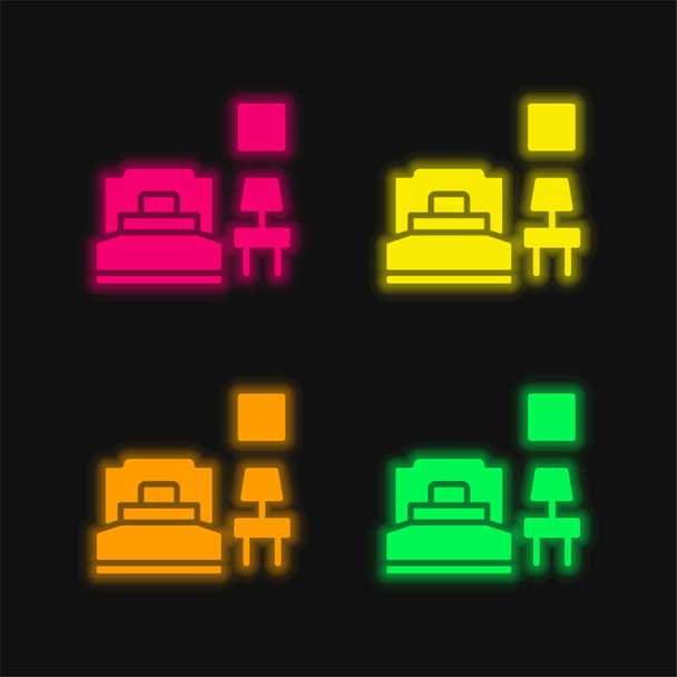 Yatak odası dört renk parlak neon vektör simgesi - Vektör, Görsel