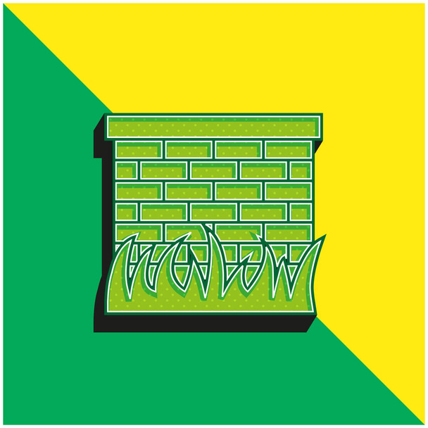 草の葉の境界線とレンガの壁緑と黄色のモダンな3Dベクトルアイコンのロゴ - ベクター画像