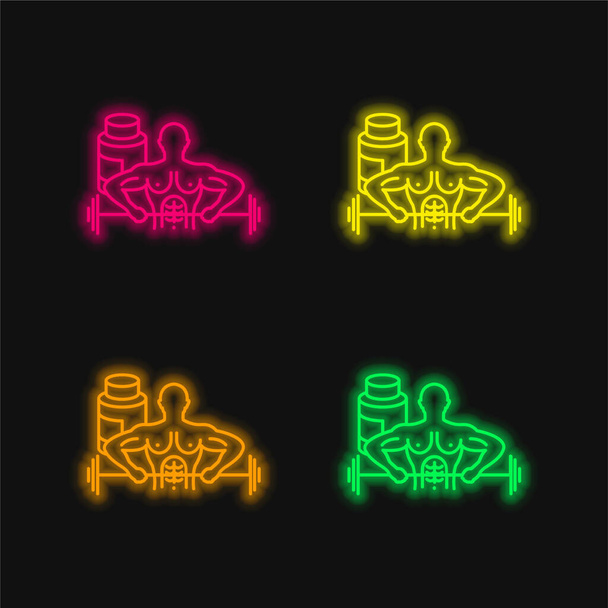 Bodybuilder Carrying Dumbbell four color glowing neon vector icon - Vector, Image