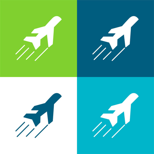 Airplane Side View In Flight Flat four color minimal icon set - Vector, Image