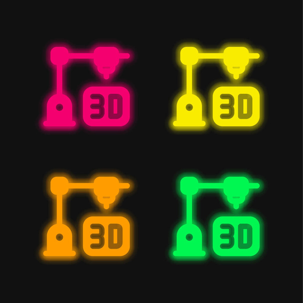 Impression 3D quatre couleurs brillant icône vectorielle néon - Vecteur, image