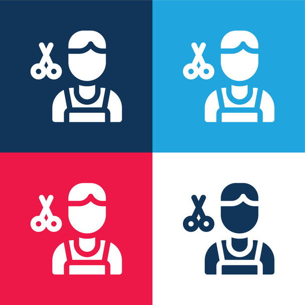 Barber blue and red four color minimal icon set - Vector, Image