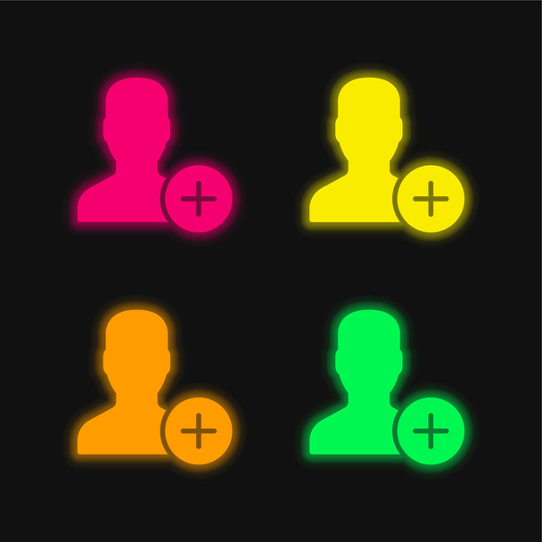 Añadir usuario cuatro color brillante icono de vectores de neón - Vector, imagen
