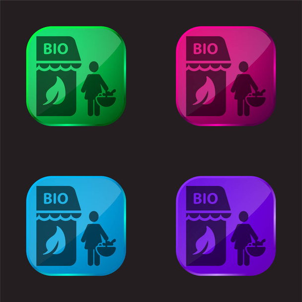 Bio Shop vier Farbe Glasknopf-Symbol - Vektor, Bild