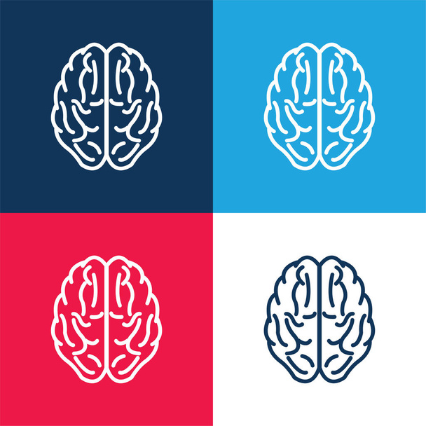 Visão superior do cérebro Esboço azul e vermelho conjunto de ícones mínimos de quatro cores - Vetor, Imagem