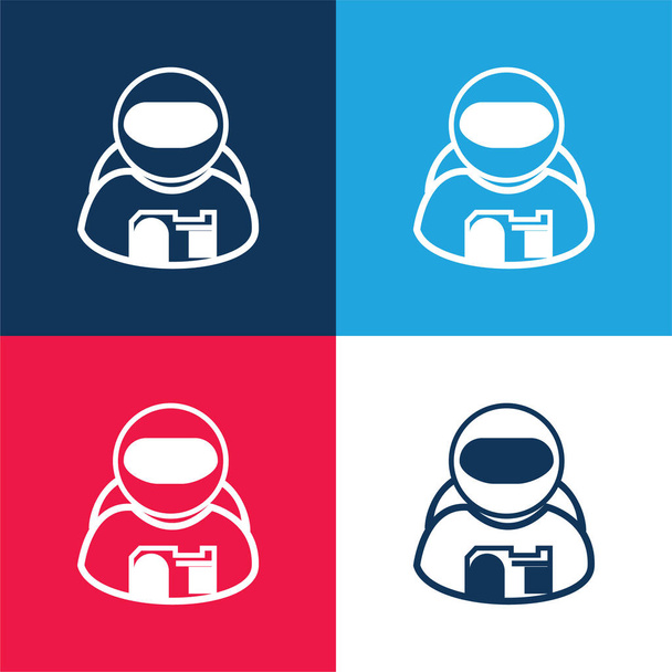 Astronauta azul y rojo conjunto de iconos mínimo de cuatro colores - Vector, imagen