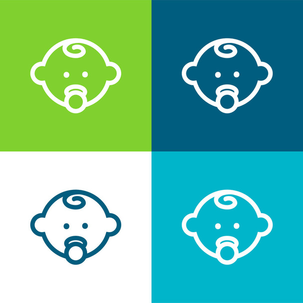 Zarys głowy dziecka z Pacifier płaskie cztery kolory minimalny zestaw ikon - Wektor, obraz