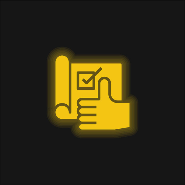 Akkoord geel gloeiend neon icoon - Vector, afbeelding
