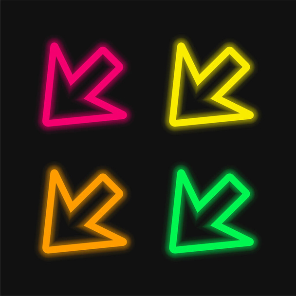 Pfeilumriss zeigt nach links unten vier farbig leuchtende Neon-Vektorsymbole - Vektor, Bild