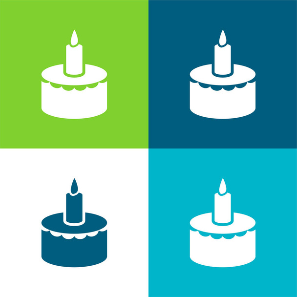 Birthday Cake With Candle Flat four color minimal icon set - Vector, Image