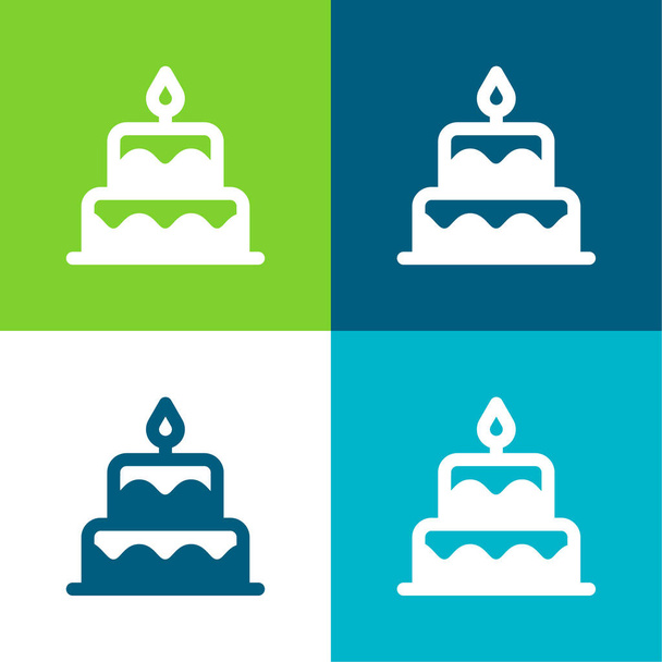 Syntymäpäivä kakku tasainen nelivärinen minimaalinen kuvakesarja - Vektori, kuva