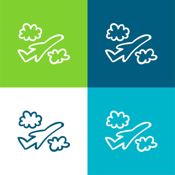 Airplane Hand Drawn Flight Between Clouds Flat four color minimal icon set - Vector, Image