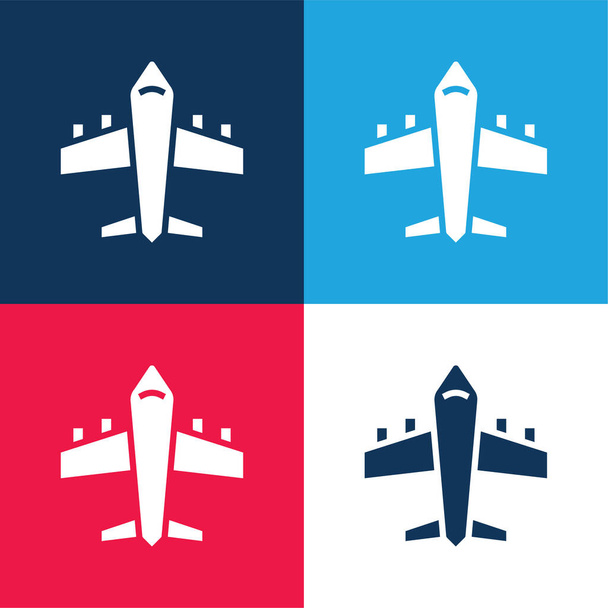 Avión azul y rojo conjunto de iconos mínimo de cuatro colores - Vector, imagen