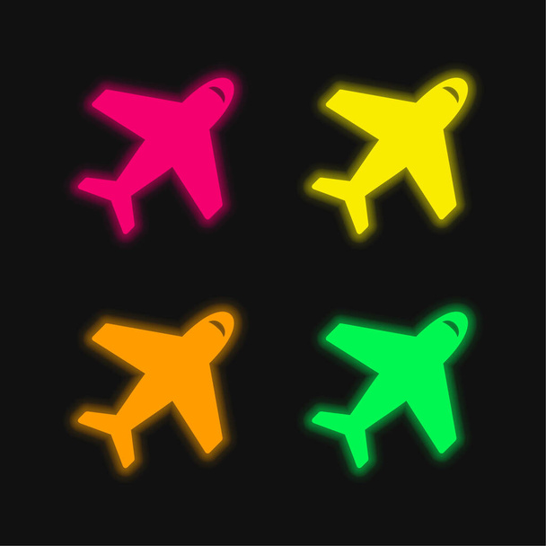 Vliegtuig van boven Bekijk vier kleuren gloeiende neon vector icoon - Vector, afbeelding
