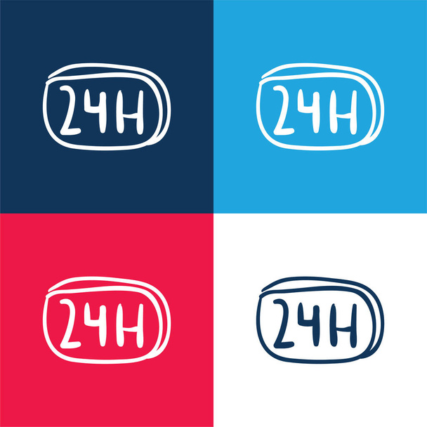 Señal comercial dibujada a mano 24 horas azul y rojo conjunto de iconos mínimo de cuatro colores - Vector, imagen
