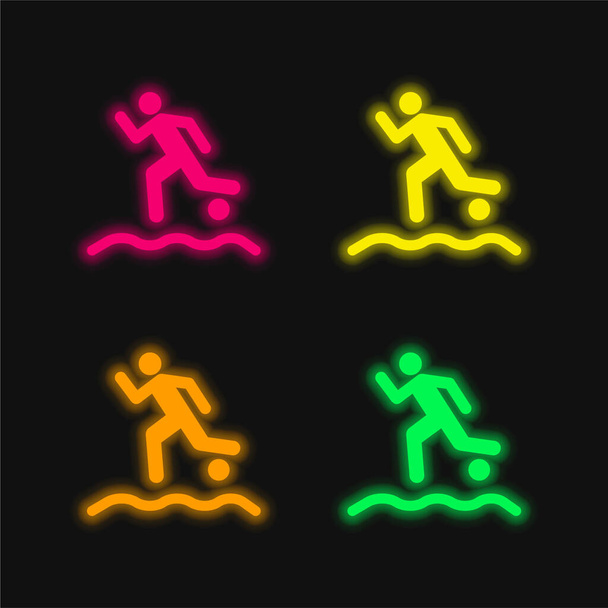 Jogador de futebol de praia correndo com a bola na areia ícone de vetor de néon brilhante de quatro cores - Vetor, Imagem