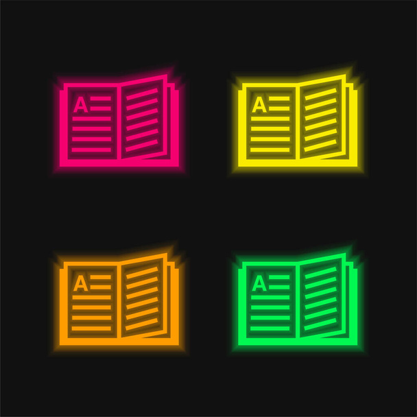 Boek vier kleuren gloeiende neon vector icoon - Vector, afbeelding