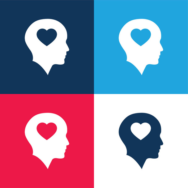 Лысая голова с сердцем синий и красный четыре цвета минимальный набор значков - Вектор,изображение