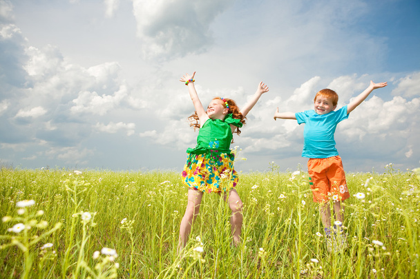 黄金の髪の2人の子供が畑で遊ぶ - 写真・画像