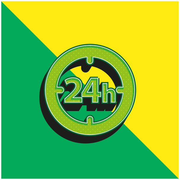 24 godziny okrągły zegar Symbol Zielony i żółty nowoczesny 3D wektor ikona logo - Wektor, obraz