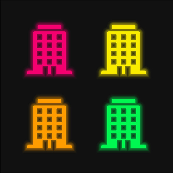 Gran edificio de cuatro colores brillante icono de vectores de neón - Vector, imagen