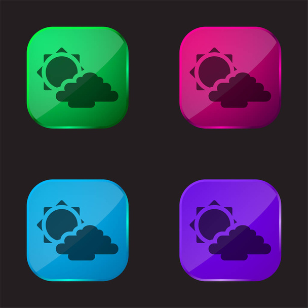 Big Sun και σύννεφο τέσσερις εικονίδιο κουμπί γυαλί χρώμα - Διάνυσμα, εικόνα