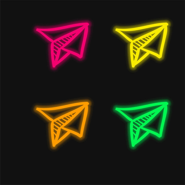 Airplane Toy Of Folded Paper four color glowing neon vector icon - Vector, Image