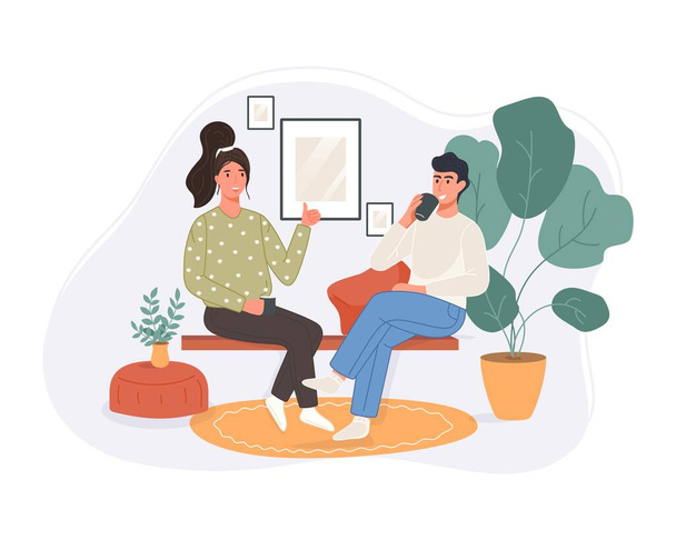 Happy two women sitting in the couch drinking coffee and talking at home. Smiling character spending time together. Vector illustration - Вектор, зображення