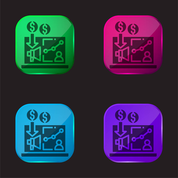 Pubblicità icona pulsante di vetro a quattro colori - Vettoriali, immagini