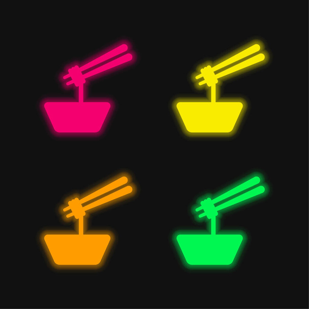 Bol de Ramen avec baguettes quatre couleurs brillant icône vectorielle néon - Vecteur, image