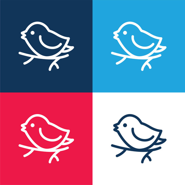 Bird On Branch blau und rot vier Farben minimales Symbol-Set - Vektor, Bild