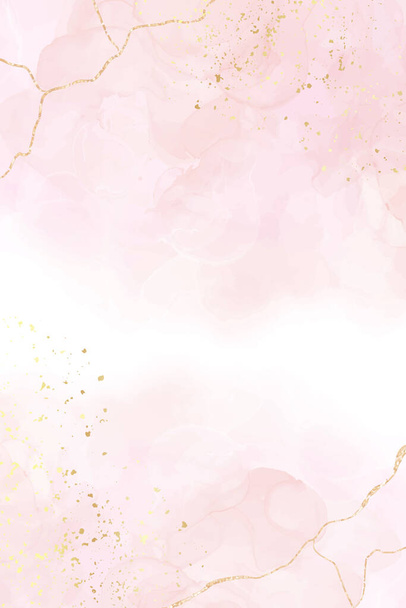 Abstraktes, staubiges Rouge, flüssiger Aquarell-Hintergrund mit goldenen Crackern. Pastellrosa Marmor Alkoholfarbe Zeichnungseffekt. Vector Illustration Design-Vorlage für Hochzeitseinladung - Vektor, Bild
