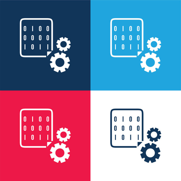 Bináris kódok és fogaskerekek kék és piros négy szín minimális ikon készlet - Vektor, kép