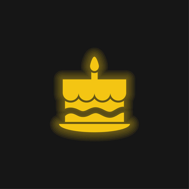 1つのバーニングキャンドル付きの誕生日ケーキ上の黄色の輝くネオンアイコン - ベクター画像