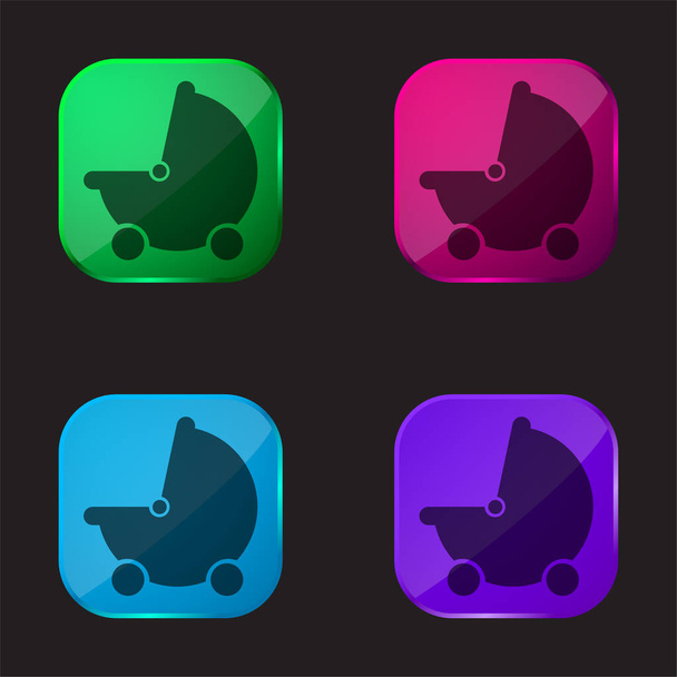 Baby Black Stroller Transport four color glass button icon - Vector, Image