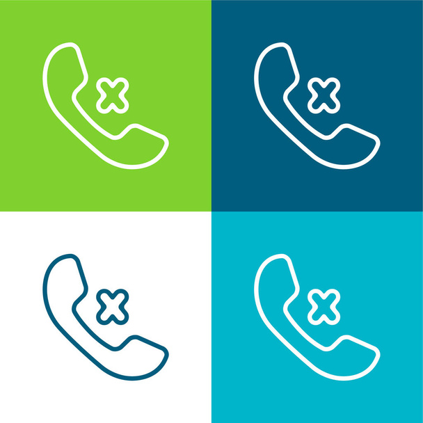 Auricular Of Phone And Cross Sign Outlines Flat four color minimal icon set - Vector, Image