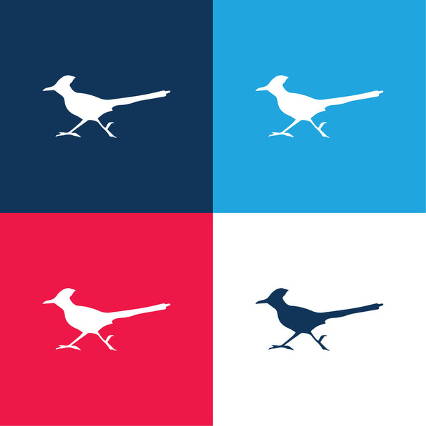 Bird Roadrunner Σχήμα μπλε και κόκκινο τεσσάρων χρωμάτων ελάχιστο σύνολο εικονιδίων - Διάνυσμα, εικόνα