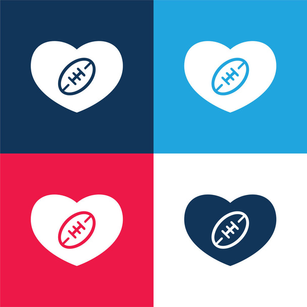 Αμερικάνικο Ποδόσφαιρο Καρδιά μπλε και κόκκινο τεσσάρων χρωμάτων ελάχιστο σύνολο εικονιδίων - Διάνυσμα, εικόνα